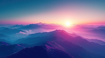 Obraz premium Majestic sunrise over misty mountain range, aerial view, peaceful landscape, ideal for travel brochures.