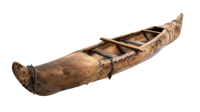 Handmade wooden canoe from indigenous culture displayed on a white background showcasing traditional craftsmanship techniques on transparent background