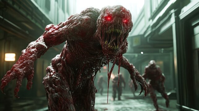 Horrifying monster creatures creeping through a dark, abandoned corridor in a science fiction setting. Generative AI - Powered by Adobe