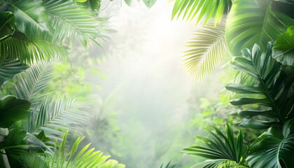 Lush Green Tropical Foliage Frames A Misty Background