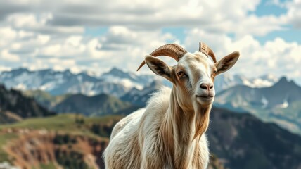 Obraz premium Mountain goat stands proudly against a majestic alpine backdrop under a clear blue sky