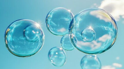 Floating Bubbles with Bright Reflections Under a Clear Blue Sky