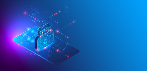 Data protection. Isometric image of a smartphone with a picture of a lock and various technological elements.
