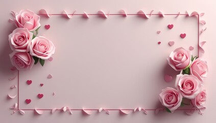 Pink Roses and Hearts Romantic Frame with Soft Pastel Background