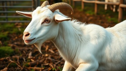 White goat resting in a sunny pasture surrounded by green grass and wooden fencing during daylight hours