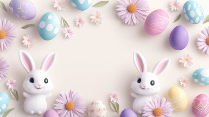 Obraz premium A seamless Easter bunny pattern featuring pastel bunnies, colorful eggs, and flowers, arranged on a soft cream background.