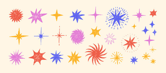 Sketch style star shapes drawn with colored crayon. Kid style doodle stars with shine, sparkles and sparks. Hand drawn childish doodle elements. Shining twinkle sunburst collection. Night sky symbols.
