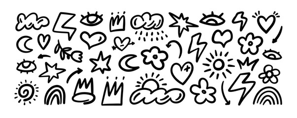 Vector childish hand drawn doodle collection. Kid's style doodle flowers, crowns, hearts and weather icons. © Anastasiia Hevko