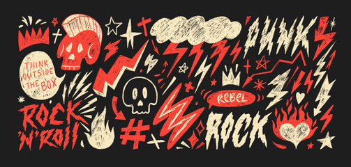 Funky punk crayon drawn shapes and stickers. Rock style doodle collection with pencil texture.