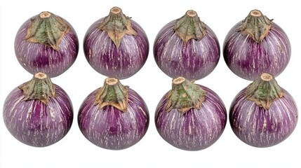 Fresh Purple Eggplants with Striped Skin and Green Stems
