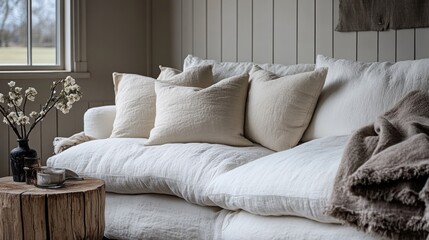 Cozy Living Room with Neutral Texture and Soft Pillows