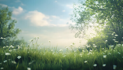 Serene Spring Meadow With Delicate White Flowers And Lush Green Grass