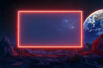 A glowing neon billboard in a lunar landscape with Earth visible in the background.