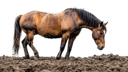 Fototapeta premium A strong horse pulls a plow through a rich, earthy field, embodying the spirit of hard work and agricultural heritage.
