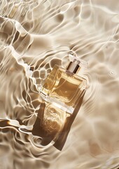 A bottle of perfume is floating in a pool of water