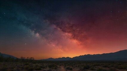 Fototapeta premium Orange and red hues paint the sky as the sun dips below the horizon, casting long shadows across the mountain landscape