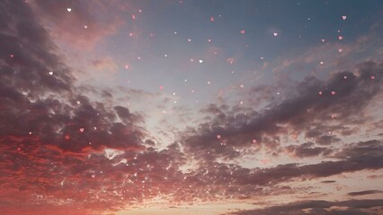 Naklejka premium Dramatic cloudscape of vibrant orange and red hues paint the evening sky as the sun sets, casting a warm glow on the landscape