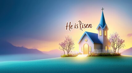 Naklejka premium A vibrant flat Easter clipart design featuring a church, a sunrise, and the words 
