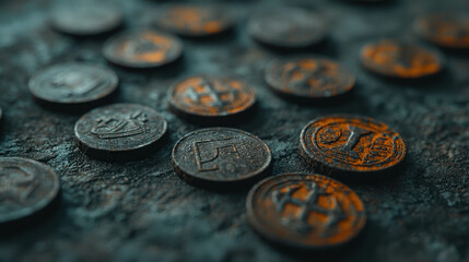 Collection of Old Tarnished Coins Scattered on Weathered Surface