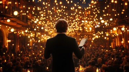Engaging Speaker at Night Event with Twinkling Lights and Audience