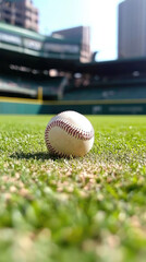 baseball on green grass in stadium setting
