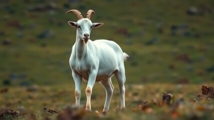 Obraz premium White goat standing on grassy landscape under soft sunlight in an open field during daytime