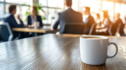 cup of coffee on wooden table with blurred business meeting in background, creating warm and inviting atmosphere