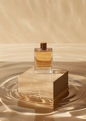 Bottle of perfume is sitting on a pedestal in a pool of water