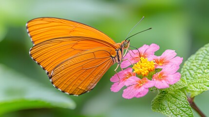 Obraz premium Vibrant Orange Butterfly Resting on Pink Flower with Lush Green Background in Natural Habitat