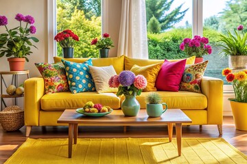 Colorful Throw Pillows & Vibrant Flower Pots on a Bright Sofa - Home Decor Stock Photo