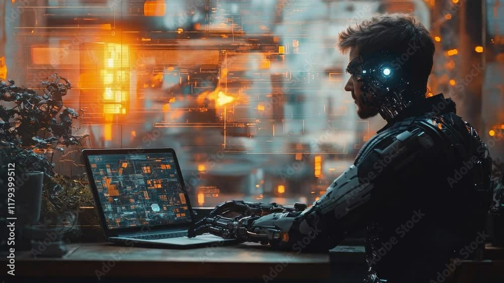 Poster a humanoid robot engages in tasks on a laptop while illuminated by vibrant lights in a contemporary 