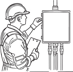Electrical Worker Performing Pane Inspection – Clean Line Art
