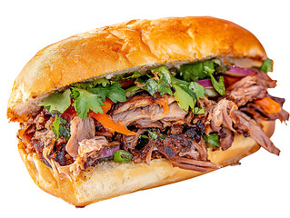Close-up Photo: Deliciously Stuffed Pulled Pork Banh Mi Sandwich on White Background. AI Generated