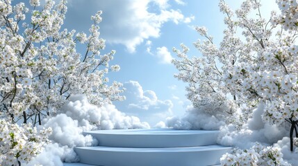 Ethereal Stage with Cherry Blossom Trees and Soft Cloud Background