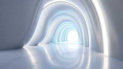 Futuristic White and Blue Curved Tunnel with Soft Lighting, Ideal for Modern Architecture Concepts and Background Design