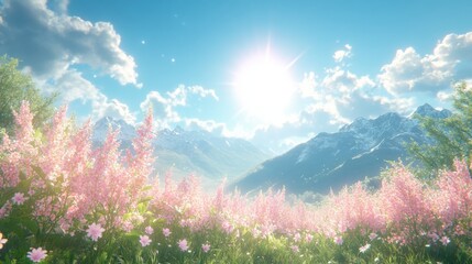 Obraz premium Serene Landscape of Pink Flowers Under Bright Sunny Sky