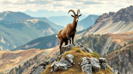 Majestic goat stands atop rocky peak with breathtaking mountain landscape in the background during a cloudy day