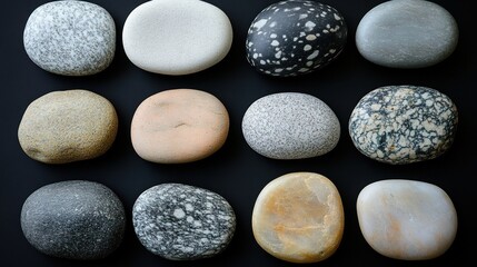 Variety of Smooth Stones in Different Colors and Patterns on Black Surface