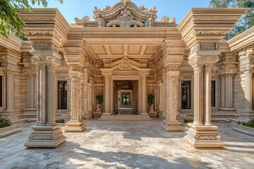 Obraz premium A grand luxury home with intricate stone carvings, a grand entrance framed by pillars, and a marble-paved driveway