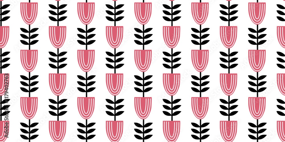 Aufkleber abstract pattern of pink plants with black petals. vertical seamless lines, finnish abstraction.