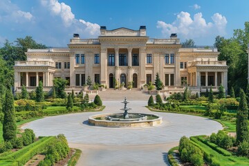 Obraz premium A grand luxury mansion with a sprawling marble fa? section ade, surrounded by manicured gardens and a circular driveway adorned with a central fountain