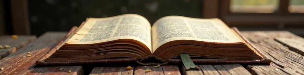 Obraz premium Ancient tome bound in worn leather, pages fluttering in the wind, old books, ancient magic