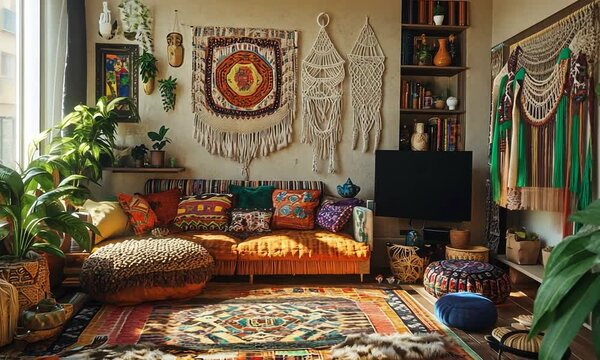 Cozy bohemian living room with vibrant decor and plants.