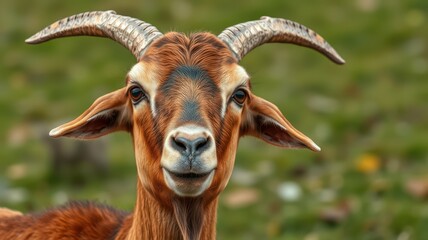 Naklejka premium Goat with striking horns and expressive gaze in a natural setting during daylight