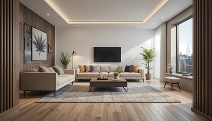 Fototapeta premium Interior Design Photography of a Minimalist Living Room Without Rugs 
