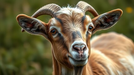Fototapeta premium Close-up of a curious goat with prominent horns in a grassy field during daylight