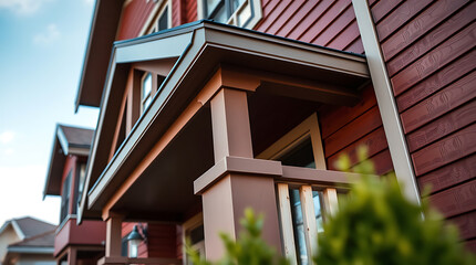 Fototapeta premium Close-up view of a residential building's exterior, focusing on a covered porch with brown support posts and a red-toned wood siding. A portion of a neighboring building is visible.