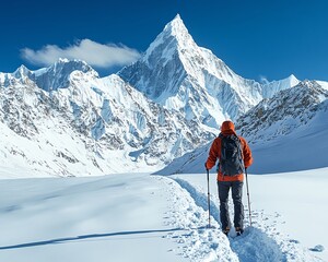 A hiker with trekking poles standing on a snowy slope, towering snowcapped mountains in the background, crisp winter air, serene and majestic landscape