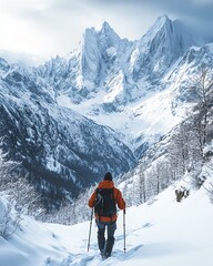 A hiker with trekking poles standing on a snowy slope, towering snowcapped mountains in the background, crisp winter air, serene and majestic landscape