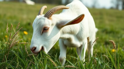 Obraz premium Goat grazing on lush green grass in a sunny field during the day in springtime